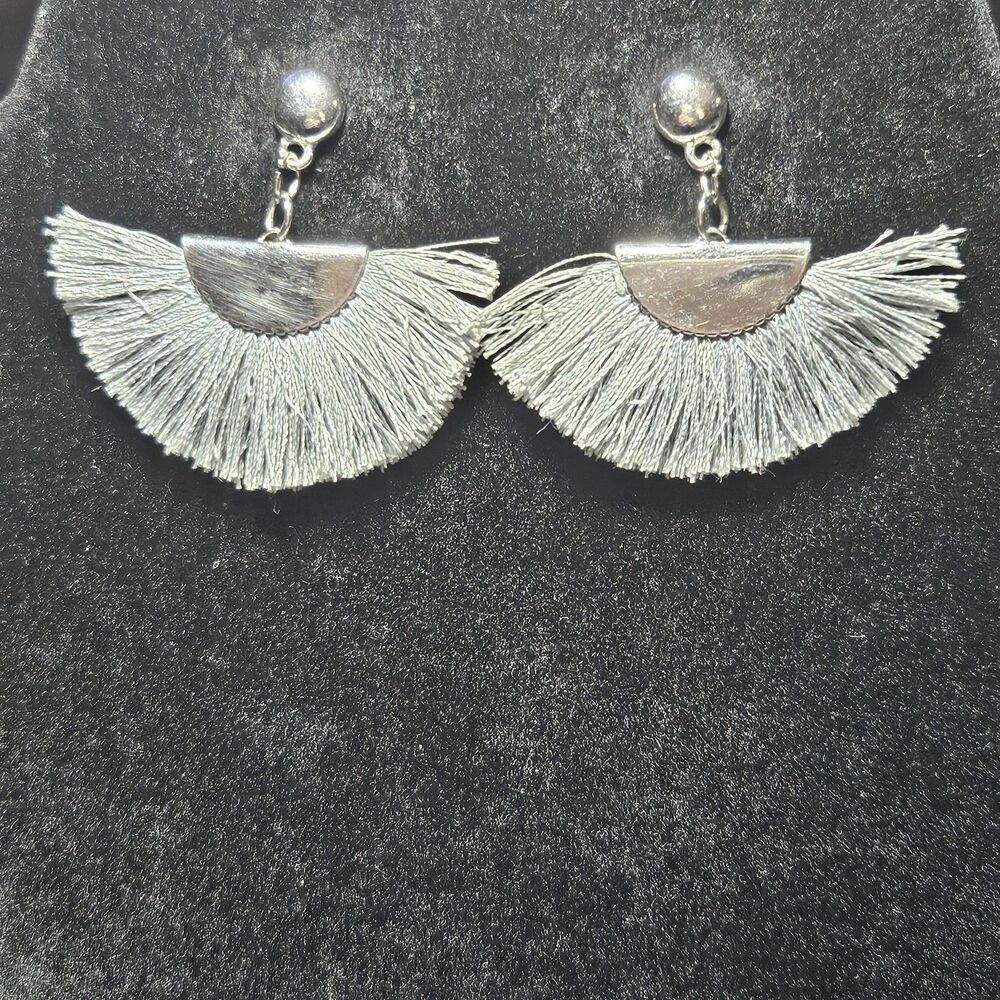 Silver Tone Gray Fan Tassel Drop Dangling Earrings